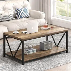 FOLUBAN Coffee Table with Storage Shelf, Modern Industrial Metal and Wood Living Room Table, Small Rectangle Cocktail Tea Table for Bedroom Home Office, Rustic Oak, 39.3 Inch