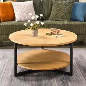 Round Coffee Table with Storage Shelf, 33.5in Circle Accent Center Table with Black Metal Legs, 2-Tier Industrial Cocktail Table for Living Room, Oak-1338OA