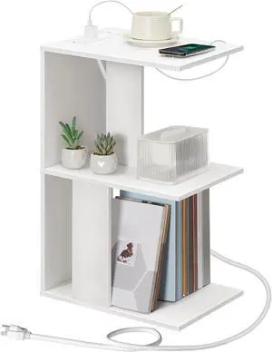 End Table with Charging Station, Narrow Side Table for Small Spaces with USB Ports and Outlets, Bedside Nightstand with Light, Narrow Table for Living Room, White ETWT18E01Z
