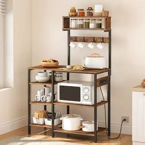 HOOBRO Bakers Rack with Power Outlet, 35.4 Inches Microwave Stand with 4 Hooks, 6 Tiers Kitchen Storage Shelf Rack, Coffee Bar Table, Rustic Brown and Black BF10UHB01