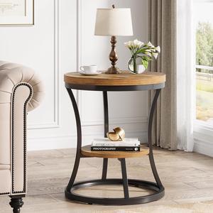 Round End Table, 2 Tier Industrial Side Table, Accent Bedside Table Nightstand with Metal Frame for Living Room, Bedroom, Small Spaces, Easy Assembly, Rustic Brown & Black