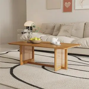 TesNus Solid Wood Coffee Table for Living Room, Boho Rectangle Coffee Table with Wood Top and Rattan-Inspired Legs for Living Room,Natural Wood