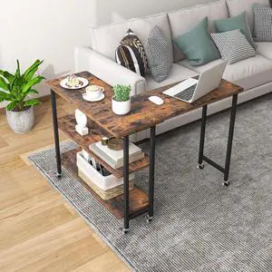 Giantex 360° Free Rotating Sofa Side Table, Mobile L-Shaped Laptop Desk with Sturdy Metal Frame, 6 Universal Casters, Movable Couch Snack Table with 2-Tier Storage Shelf for Home (Rustic Brown)