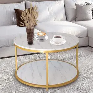 AT-VALY 31.5 inch Round Coffee Table with Storage Open Shelf Wooden Top Sturdy Metal Frame Sofa Table for Living Room, Bedroom and Office(Gold)