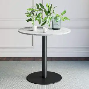 Nathan James Bistro Lucy Small Mid-Century Modern Kitchen or Dining Table with Faux Carrara Marble Top and Brushed Metal Pedestal Base, Black, 31.5D x 31.5W x 29H in