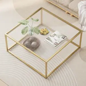 Glass Coffee Table Modern Center Table,Minimalist Coffee Table Sofa Side Tea Table for Living Room,Tempered Glass-top with Sturdy Metal Frame, Easy Assembly,26.4 x 26.4 x 15.7 Inches, Gold