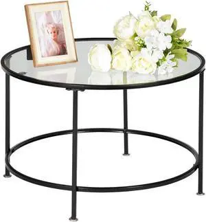 Round Coffee Table, Glass Table with Black Iron Frame, Living Room Table, Sofa Table, Robust Tempered Glass, Stable, 2 Layers 5mm Thick