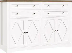 HOSTACK 55" Coffee Bar with 4 Large Drawers, 40" Tall Buffet Cabinet with Storage, Kitchen Storage Cabinet, Modern Farmhouse Sideboard Buffet, Adjustable Shelves for Living Room, White