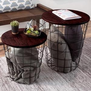 Lavish Home End Tables Set of 2 - Nesting Tables with Removable Wood Tops and Metal Basket Bases for Blanket Storage - Round Side Furniture for Living Room, Bedroom, or Home Office (Cherry/Black)