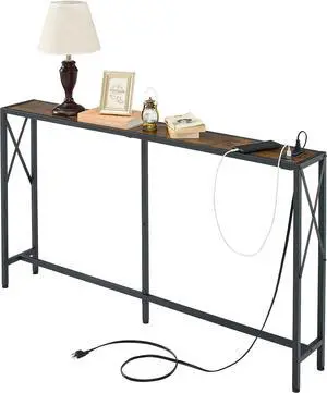 Console Table with 2 AC Oulets & 2 USB Ports, 55.1" Narrow Sofa Table, Entryway Table, Industrial Sofa Table for Hallway, Living Room, Bedroom, Long Console Table, 6.5 Feet Power Cord