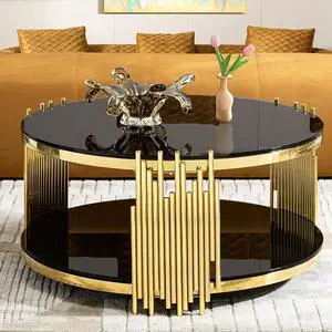 Round Glass Coffee Table Modern Luxury Black Center Table Living Room Table, Gold Stainless Steel Irregular Leg Cocktail Table (Black, 36" Coffee Table)