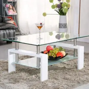 Rectangle Tempered Glass Coffee Table, 2-Tier Tea Table Modern Side Coffee Table with Lower Shelf & Wooden Legs, Center Coffee Table for Living Room, Reception Room, Office, Store, White
