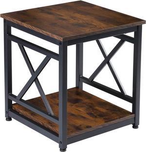 Industrial End Table Side Table with 2-Tier Storage Shelf, 18'' Square Nightstand Bedside Table X-Design Metal Frame for Living Room Bedroom, Rustic Brown