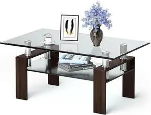 NAFORT Glass Coffee Table for Living Room, 2-Tier Modern Rectangle Living Room Table Tea Table, Tempered Glass Top & Metal Legs Side Coffee Table with Storage Shelf