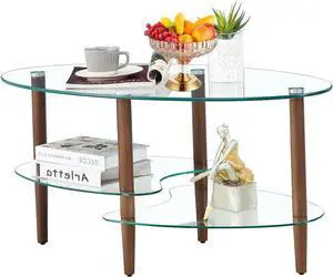 Glass Coffee Table, Modern Oval Coffee Table in Living Room with Oak Wood Leg and 2 -Tiers Glass (Clear), Tea Table for Home Office