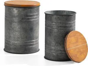 Glitzhome Rustic End Table Set of 2, Farmhouse Galvanized Metal Barrel Ottoman Storage Stool with Round Wood Lid for Living Room Furniture, Grey