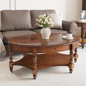 Solid Wood Coffee Table with Drawer and Storage Shelf, Oval Living Room Cocktail Tea Table, Traditional Center Table with Carvings Side Elegant Vintage 45L x 27.6Wx18.2H Caramel Brown KFZ-1533-MG