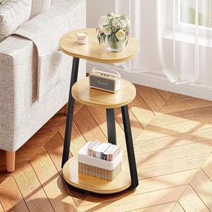 Side Table, Small End Table with Metal Frame, 3-Tier Bedside Table, Round Side Table for Living Room Bedroom Couch Bathroom, Oval, Modern Oak
