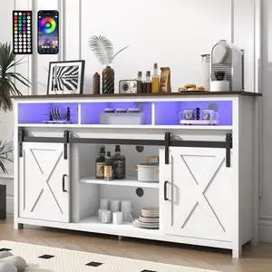 Farmhouse Coffee Bar Cabinet with Power Outlet, Rustic Sideboard Buffet Storage Cabinet with Storage, Wood Buffet Cabinet Serving Table Cupboard for Dining Room, Living Room, White