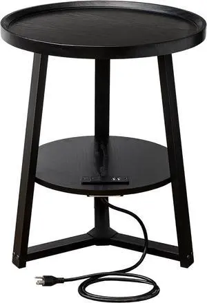 Round End Table with Charging Station, 19.7" Dia x 23.63" H, Side Table with Storage Shelf, Accent Table, for Living Room, Bedroom, Small Spaces, Metal Frame, Industrial Style (Black)