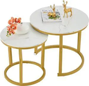 Hoctieon Nesting Coffee Tables, Round Nesting Tables Set of 2, End Tables, Stacking Nesting Tables for Living Room, Circle Coffee Tables, Side Tables Wooden Table Top, Gold&White