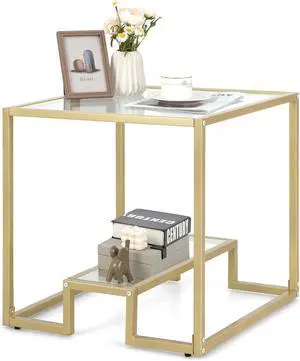 Tangkula 22In Square Glass End Table, Modern 2 Tier Sofa Side Table w/Tempered Glass Top & Metal Frame, Small Accent Tables for Small Spaces, for Living Room Balcony (Bronze)