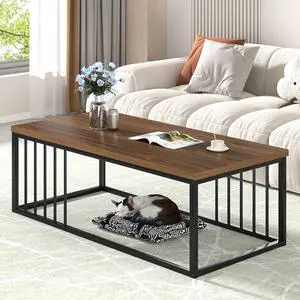 FOLUBAN Coffee Table for Living Room, Modern Wood and Metal Center Table Tea Table for Home Office, Rustic Walnut, 43.3 Inch