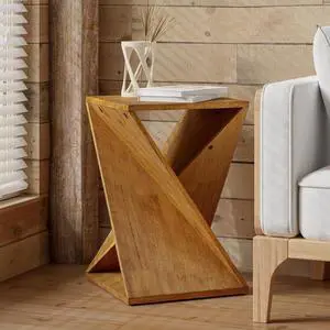 Farmhouse End Table Square Solid Wood Pedestal Side Table Rustic Plant Stand with Twisted Design for Living Room, Bedroom, Office, Natural Wood