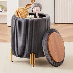Mxfurhawa Round Ottoman Foot Stool with Storage and Metal Legs for Living Room Bedroom, Velvet Upholstered Footrest Stool Support 300lbs Modern Padded Seat Ottoman Coffee Table (Grey)