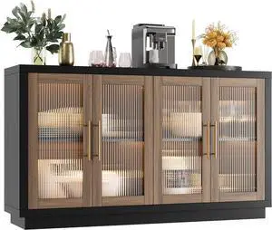 FOTOSOK Buffet Cabinet with Storage, 55.1" Large Sideboard Buffet Cabinet, Modern Sideboard Kitchen Cabinet with 4 Fluted Glass Doors, Wood Coffee Bar Cabinet Buffet Table for Kitchen, Black/Brown