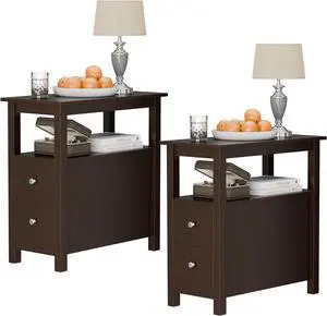 ZENY Narrow End Table Set of 2 Side Table with Drawer and Open Shelf Sofa Table for Living Room Bedroom, Small Table for Bedside, Couch, Espresso