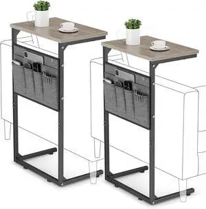 Vagusicc C Shaped End Table Set of 2, Tall Side Table for Sofa, Small Couch Side Table with Storage Bag, TV Tray Table for Small Spaces, Sturdy Slide Under Sofa Table with Metal Frame for Living Room