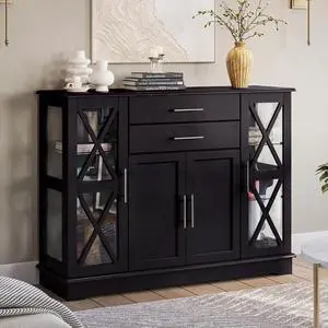 BELLEZE Sideboard Buffet Cabinet, 47 Inch Storage Cabinet Console Table Coffee Bar Cabinet Kitchen Cupboard Pantry Cabinet Glass Display Cabinet for Lving Room Entryway Dining Room,Espresso