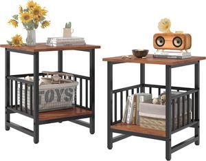 End Table Set of 2, Industrial Side Table with 2-Tire Storage Shelf, 180LBS Mini Fridge Stand with Adjustable Feet, Wood Night Stand Small Bedside Table with Sturdy Metal Frame for Living Room Bedroom