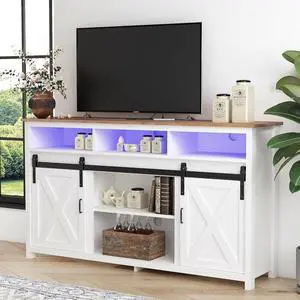 Farmhouse Coffee Bar Cabinet Rustic Sliding Barn Door Storage Cabinet with Power Outlet, Buffet Server Sideboard Cupboard Table for Dining Room Entryway Kitchen White