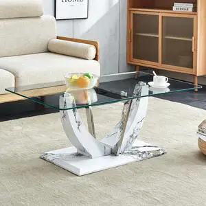 Glass Coffee Table for Living Room, Modern Tempered Glass Tabletop and MDF Legs, Small Modern Coffee Table. (White, Style 4)