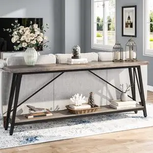 Tribesigns 70.9 Inches Extra Long Sofa Table Behind Couch, Industrial Entry Console Table for Hallway, Entryway & Living Room, Light Gray and Black