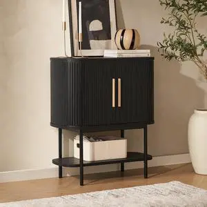 mopio Quin Storage Cabinet, Tambour Fluted Entryway Accent Sofa Tables, Buffet Sideboard with Doors & Shelves, Pantry Coffee Wine Bar Cabinet, Wood Console Table, Mid Century Modern (Black)