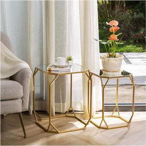 Glitzhome Modern Nesting Tables, Set of 2 Coffee Table with Tempered Glass Top, Side/End Tables for Living Room Bedroom, Accent Tea Tables with Metal Frame - Golden