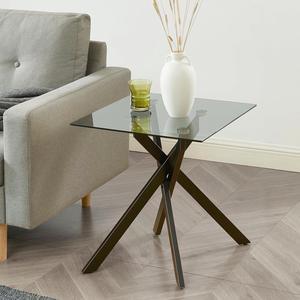 Modern Style Square Side Table with Grey Tempered Glass Top and Black Metal Tubular Legs with Gold Rim 20Dx20Wx22H