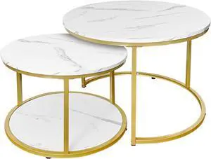 AT-VALY Coffee Table Set of 2 Nesting Tables,Round Side Table for Living Room, Small Accent Table with Storage (Gold)