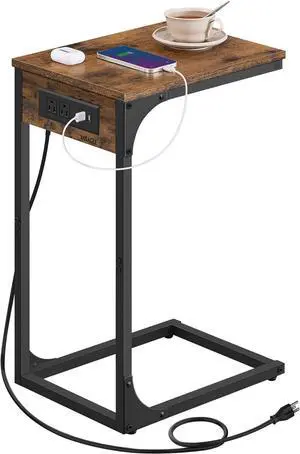 VASAGLE C-Shaped Side Table, End Table with Charging Station, C Table for Couch, Sofa, Adjustable Feet, for Bedroom, Living Room, 2 USB Ports and Outlets, Rustic Brown ULET362K01