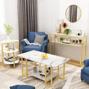 DKLGG Living Room Table Set of 3, Modern Faux Marble Semicircle End Table & 2 Rectangular Sofa/Side/End Tables, Coffee Table and End Table Sets with Metal Frame for Living Room, Office Room - 3PC