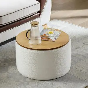 23.6 Modern Round Storage Ottoman Coffee Table, Boucle Large Storage Ottoman with Wooden Lid, End Table Side Table Footstool for Living Room, White