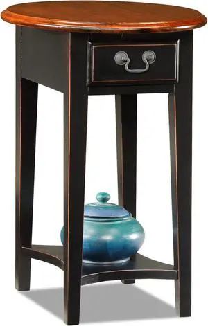Leick Home 9042-SL One Drawer Oval Side Table with Shelf, Medium Oak and Slate Black