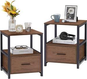 VECELO Nightstand Set of 2 with Wooden Storage Drawer Square Modern Bedside End Tables for Bedroom Living Room, Open Shelf, Industrial Metal Frame, Small Space, Coffee