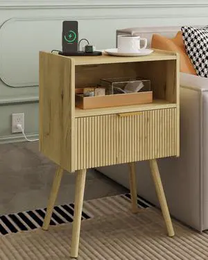 Nightstand with Charge Station,Modern Bedside Table with Storage Drawer and Open Wood Shelf, for Living Room, Bedroom and Small Spaces, Accent Night Stand with Solid Wood Legs,Yellow Oak