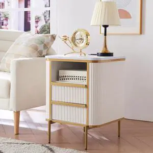 OKD Modern Chic Fluted Nightstand Luxury with Charging Station, End Table/Bed Side Table w/2 Drawers, Faux Marble Tabletop, Gold Metal Decor, Curved Edge Design, Off White