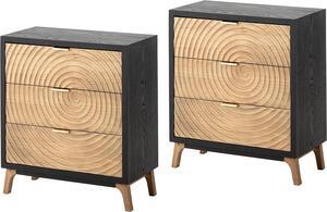 3-Drawer Farmhouse Dresser Set of 2 with Handcrafted Wood Ring Motif, Black Nightstand for Bedroom, Fully-Assembled, Rustic Morden