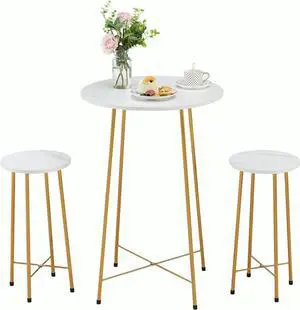 VECELO Small Bar Table and Chairs, Round Bistro Sets with 2 barstools, 3-Piece Pub Dining Furniture, Counter Height Wood Top for Breakfast Dinner Coffee Nap Conference, Easy Assembly,Gold